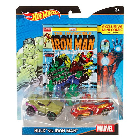 Hot Wheels Marvel Hulk vs. Iron Man Charakter Auto 2er-Pack mit Mini Comic